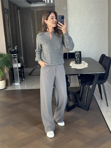 Antrasit On Düğmeli Saç Örgü Kadın Triko Kazak