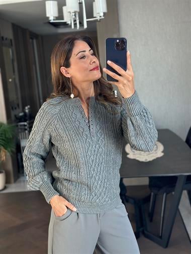 Antrasit On Düğmeli Saç Örgü Kadın Triko Kazak