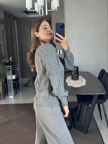 Antrasit On Düğmeli Saç Örgü Kadın Triko Kazak