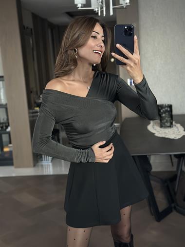 Antrasit Ön Ve Arka Kruvaze Yaka Yanları Büzgülü Buzzy Kadın Bluz