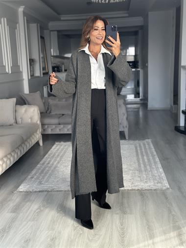 Antrasit Önü Açık Şal Yaka Uzun Kadın Triko Hırka 