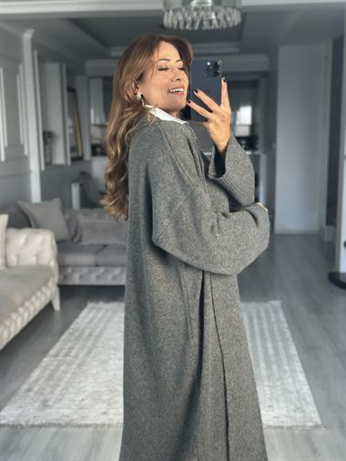 Antrasit Önü Açık Şal Yaka Uzun Kadın Triko Hırka 