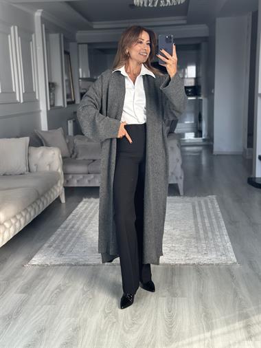 Antrasit Önü Açık Şal Yaka Uzun Kadın Triko Hırka 