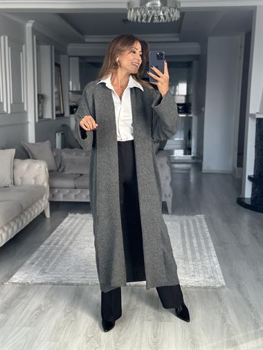 Antrasit Önü Açık Şal Yaka Uzun Kadın Triko Hırka 