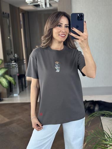 Antrasit Önü Ayıcık RL Model Bisiklet Yaka Kadın T-Shirt
