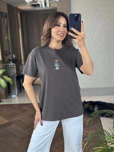 Antrasit Önü Ayıcık RL Model Bisiklet Yaka Kadın T-Shirt