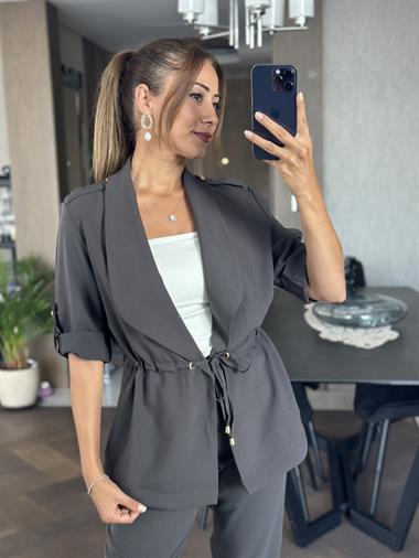 Antrasit Orjinal Marka Bağcık Detay Şal Yaka Ceket Pantolon Kadın Alt Üst Takım