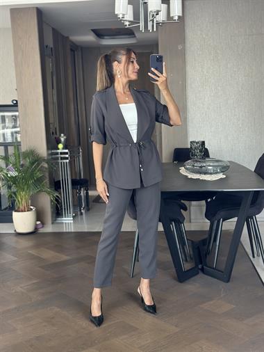 Antrasit Orjinal Marka Bağcık Detay Şal Yaka Ceket Pantolon Kadın Alt Üst Takım