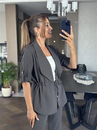 Antrasit Orjinal Marka Bağcık Detay Şal Yaka Ceket Pantolon Kadın Alt Üst Takım