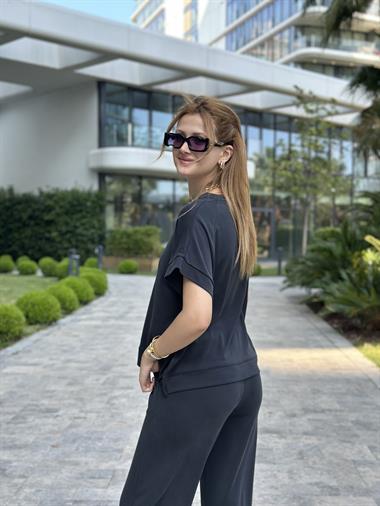 Koyu Antrasit Pike Modal T-Shirt Pantolon Kadın İkili Takım