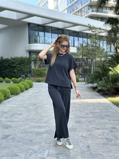 Koyu Antrasit Pike Modal T-Shirt Pantolon Kadın İkili Takım