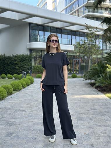 Koyu Antrasit Pike Modal T-Shirt Pantolon Kadın İkili Takım