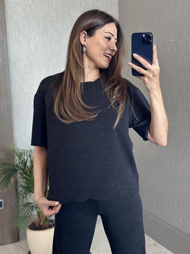 Antrasit Pike Örgü Kısa Kol Bluz Pantolon Kadın Alt Üst Takım