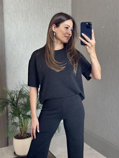 Antrasit Pike Örgü Kısa Kol Bluz Pantolon Kadın Alt Üst Takım