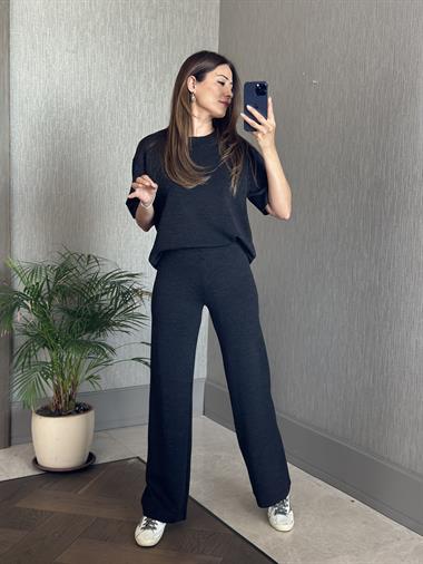 Antrasit Pike Örgü Kısa Kol Bluz Pantolon Kadın Alt Üst Takım