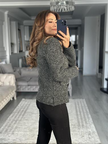 Antrasit Polo Yaka Düğmeli Cep Detaylı Triko Hırka 