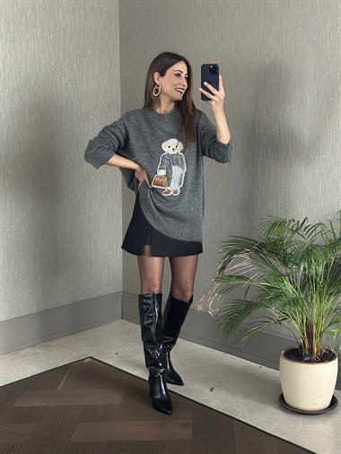 Antrasit RL Model Bisiklet Yaka Önü Ayıcık Nakışlı Kadın Triko Kazak