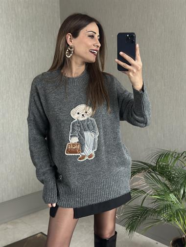 Antrasit RL Model Bisiklet Yaka Önü Ayıcık Nakışlı Kadın Triko Kazak