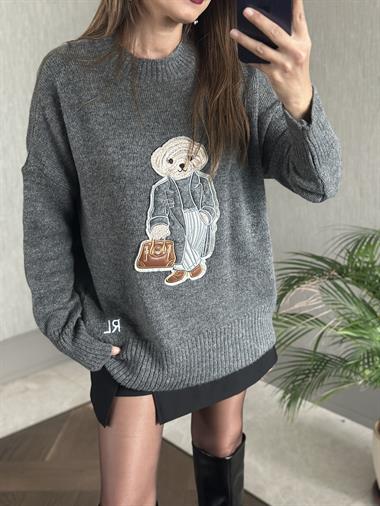 Antrasit RL Model Bisiklet Yaka Önü Ayıcık Nakışlı Kadın Triko Kazak