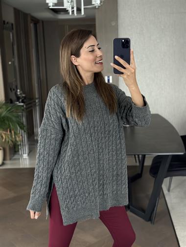 Antrasit Saç Örgülü Yanları Yırtmaçlı Kadın Triko Kazak