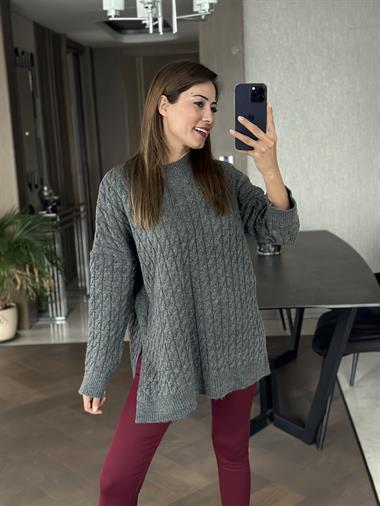 Antrasit Saç Örgülü Yanları Yırtmaçlı Kadın Triko Kazak