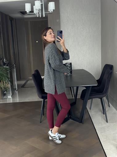 Antrasit Saç Örgülü Yanları Yırtmaçlı Kadın Triko Kazak