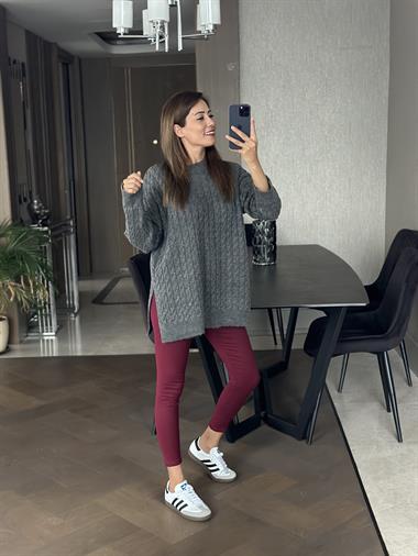 Antrasit Saç Örgülü Yanları Yırtmaçlı Kadın Triko Kazak