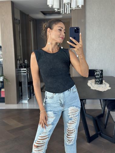 Antrasit Sıfır Kol Bisiklet Yaka Yıkamalı Kaşkorse Kadın Body