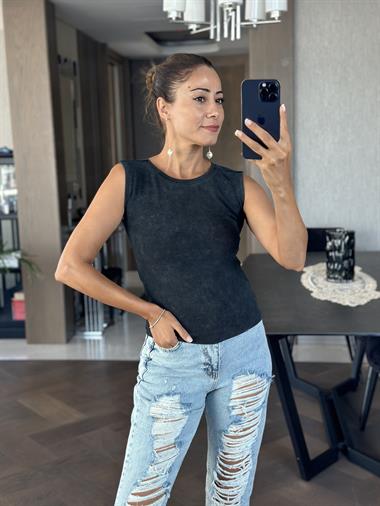 Antrasit Sıfır Kol Bisiklet Yaka Yıkamalı Kaşkorse Kadın Body