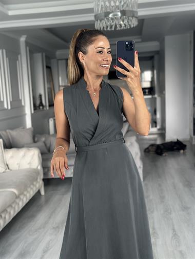 Antrasit Sıfır Kol Tnsl Kruvaze Yaka Kuşaklı Midi Boy Kadın Elbise