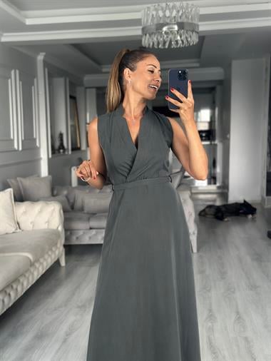 Antrasit Sıfır Kol Tnsl Kruvaze Yaka Kuşaklı Midi Boy Kadın Elbise