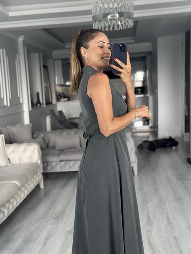 Antrasit Sıfır Kol Tnsl Kruvaze Yaka Kuşaklı Midi Boy Kadın Elbise