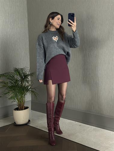 Antrasit Taş Kalp Dekolteli Bisiklet Yaka Kadın Triko Kazak