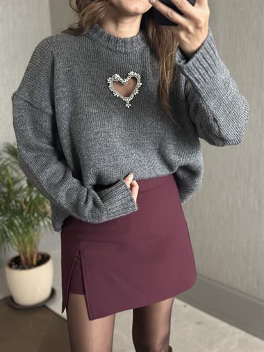 Antrasit Taş Kalp Dekolteli Bisiklet Yaka Kadın Triko Kazak