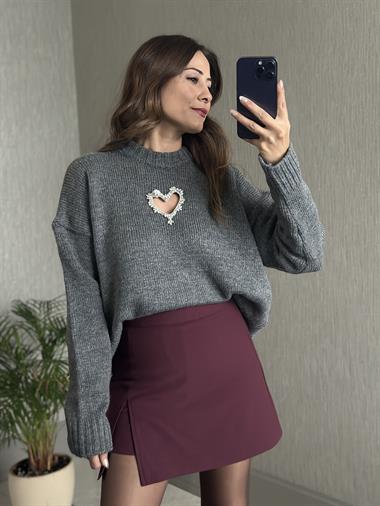 Antrasit Taş Kalp Dekolteli Bisiklet Yaka Kadın Triko Kazak