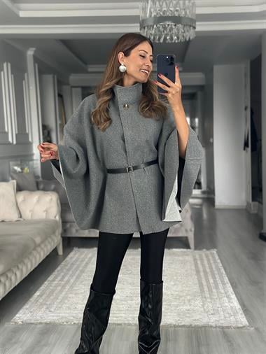 Gri Tek Düğmeli Dik Yaka Kemerli Kadın Kaşe Panço