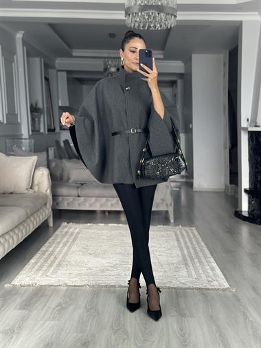 Antrasit Tek Düğmeli Dik Yaka Kemerli Kadın Kaşe Panço