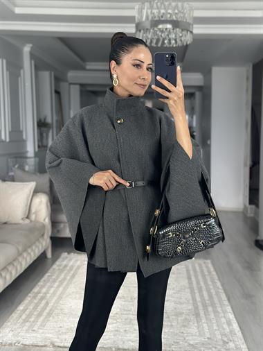 Antrasit Tek Düğmeli Dik Yaka Kemerli Kadın Kaşe Panço