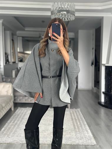 Gri Tek Düğmeli Dik Yaka Kemerli Kadın Kaşe Panço