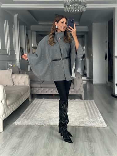 Gri Tek Düğmeli Dik Yaka Kemerli Kadın Kaşe Panço