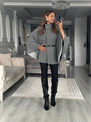 Gri Tek Düğmeli Dik Yaka Kemerli Kadın Kaşe Panço