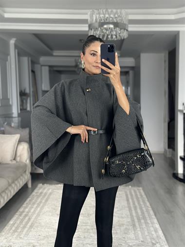 Antrasit Tek Düğmeli Dik Yaka Kemerli Kadın Kaşe Panço