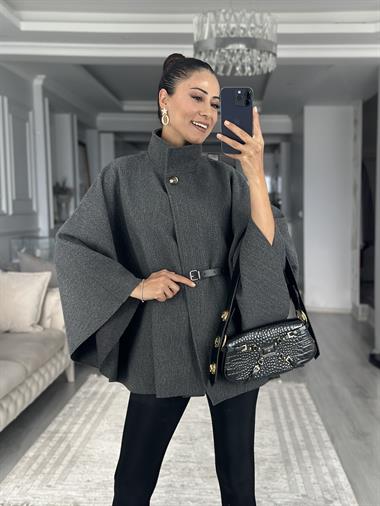 Antrasit Tek Düğmeli Dik Yaka Kemerli Kadın Kaşe Panço