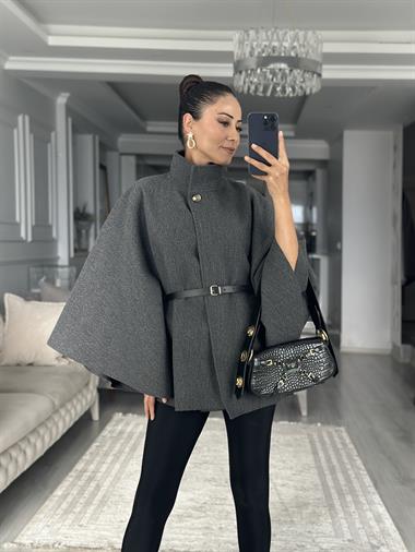 Antrasit Tek Düğmeli Dik Yaka Kemerli Kadın Kaşe Panço