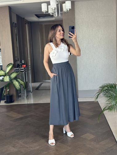 Antrasit Tnsl Kumaş Beli Lastikli Cepli Kadın Midi Boy Etek