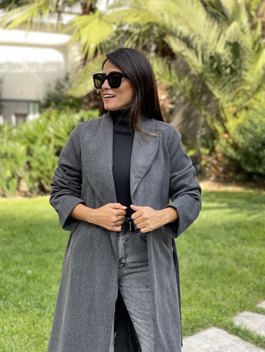 Antrasit Uzun Kuşaklı Kaşe Kadın Kaban