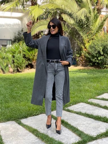 Antrasit Uzun Kuşaklı Kaşe Kadın Kaban