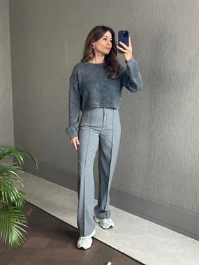 Antrasit Yıkama Efektli Bisiklet Yaka Kadın Triko Kazak