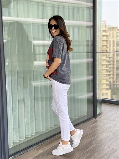 Antrasit Yıkamalı Mini Baskılı T-Shirt