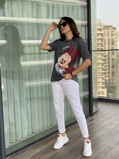 Antrasit Yıkamalı Mini Baskılı T-Shirt